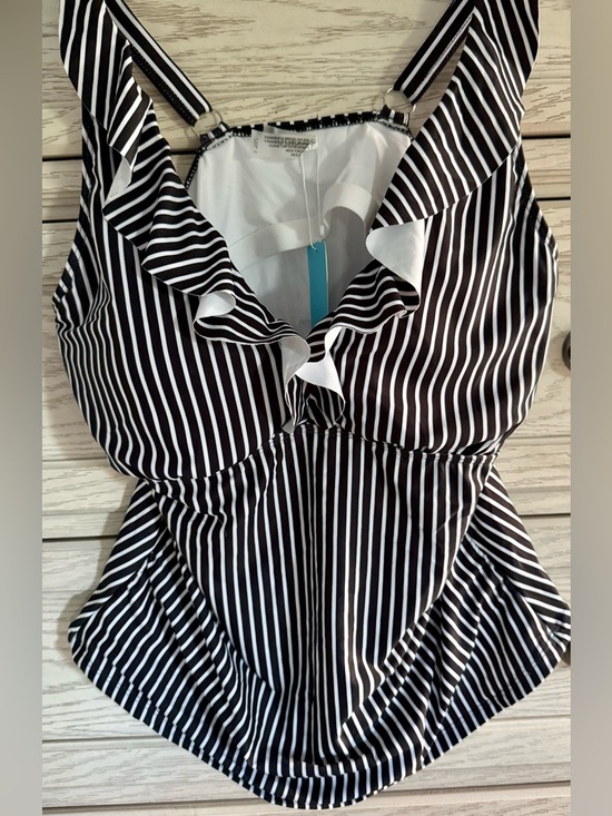 Younique Tops - Younique Black and White Striped Ruffle V-Neck Bathing Suit Top (XL)